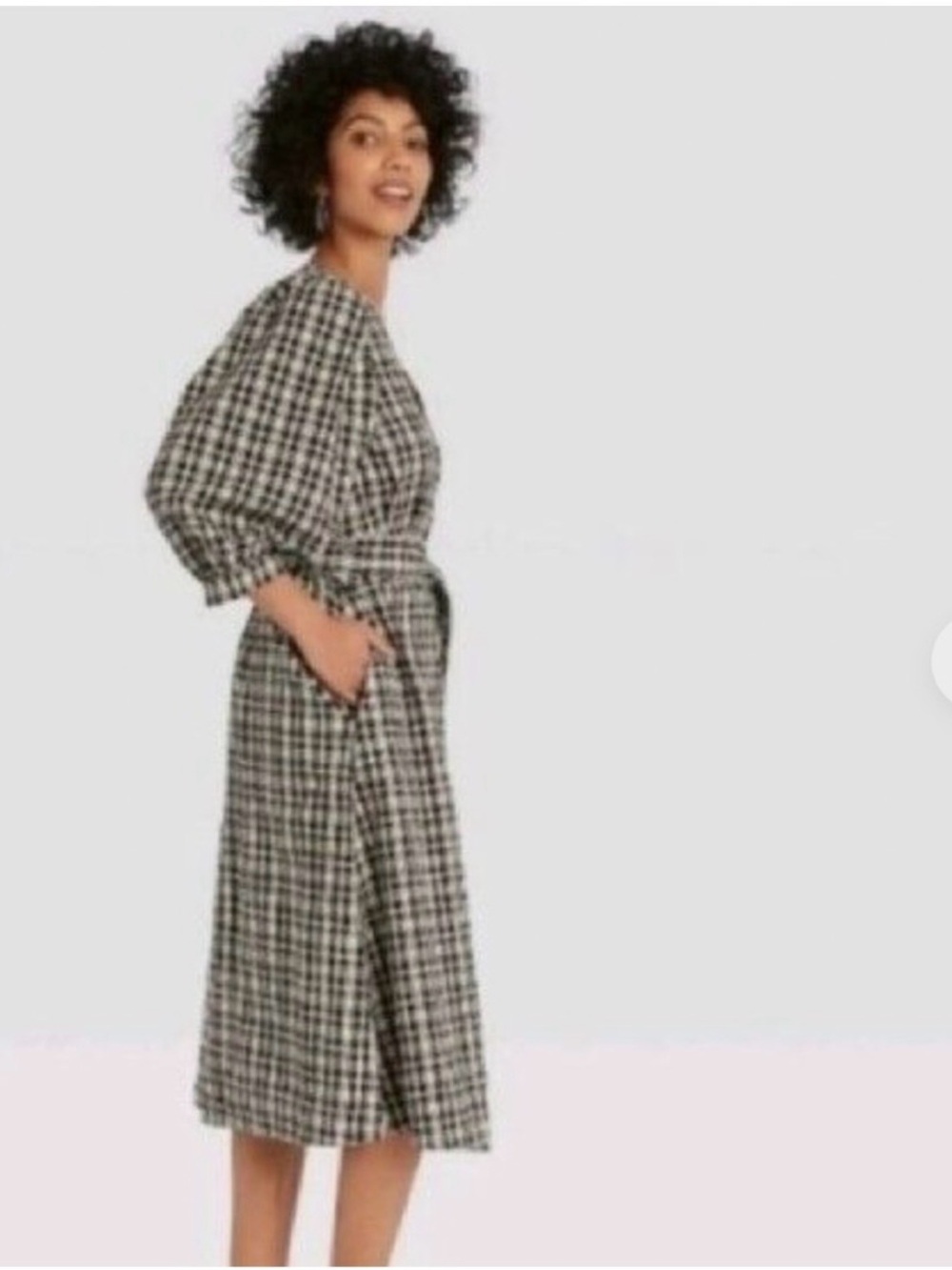 black-and-cream white gingham faux-wrap midi dress -XXL